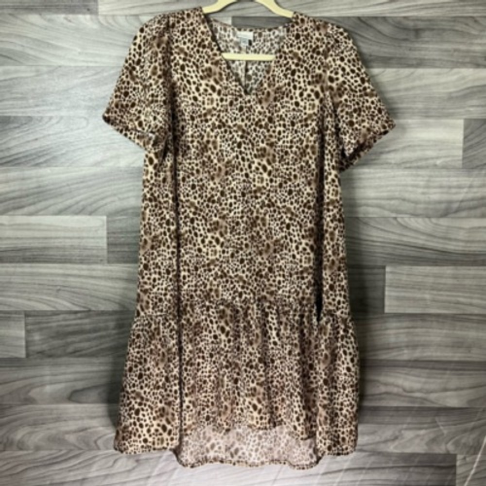 A New Day Womens Flounce Dress Brown Cheetah Print Mini V Neck Short Sleeve XS
